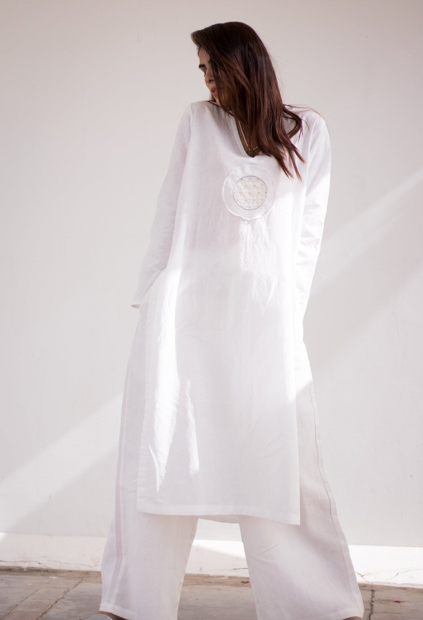 Sacred geometry V-neck White Long Shirt