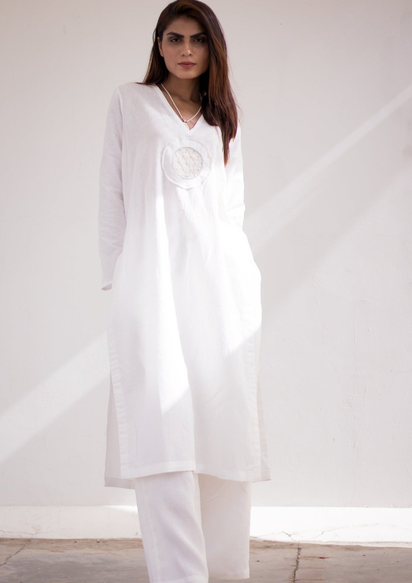 Sacred geometry V-neck White Long Shirt