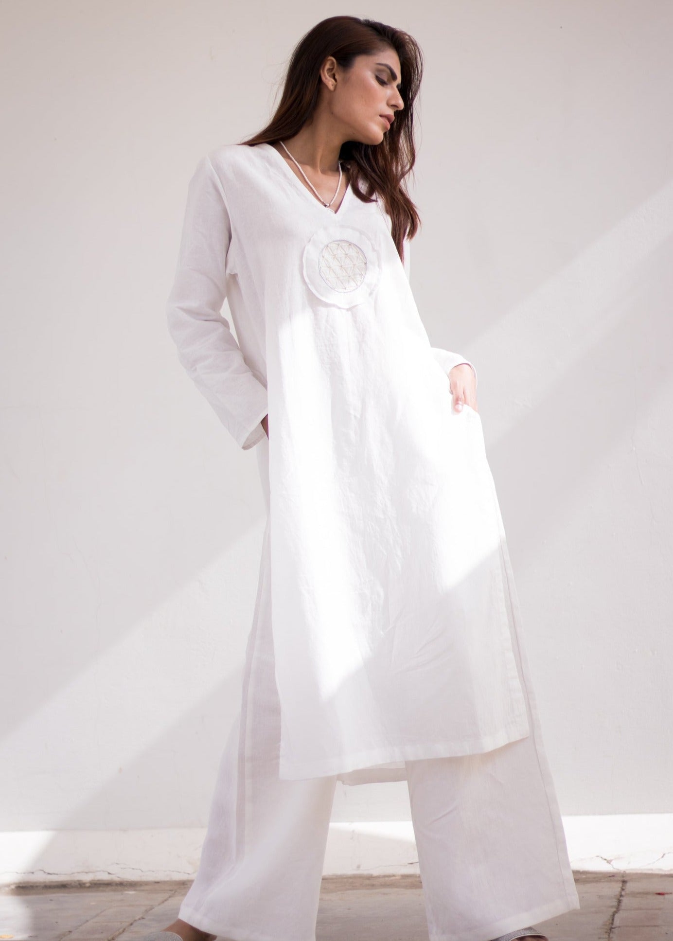 Sacred geometry V-neck White Long Shirt