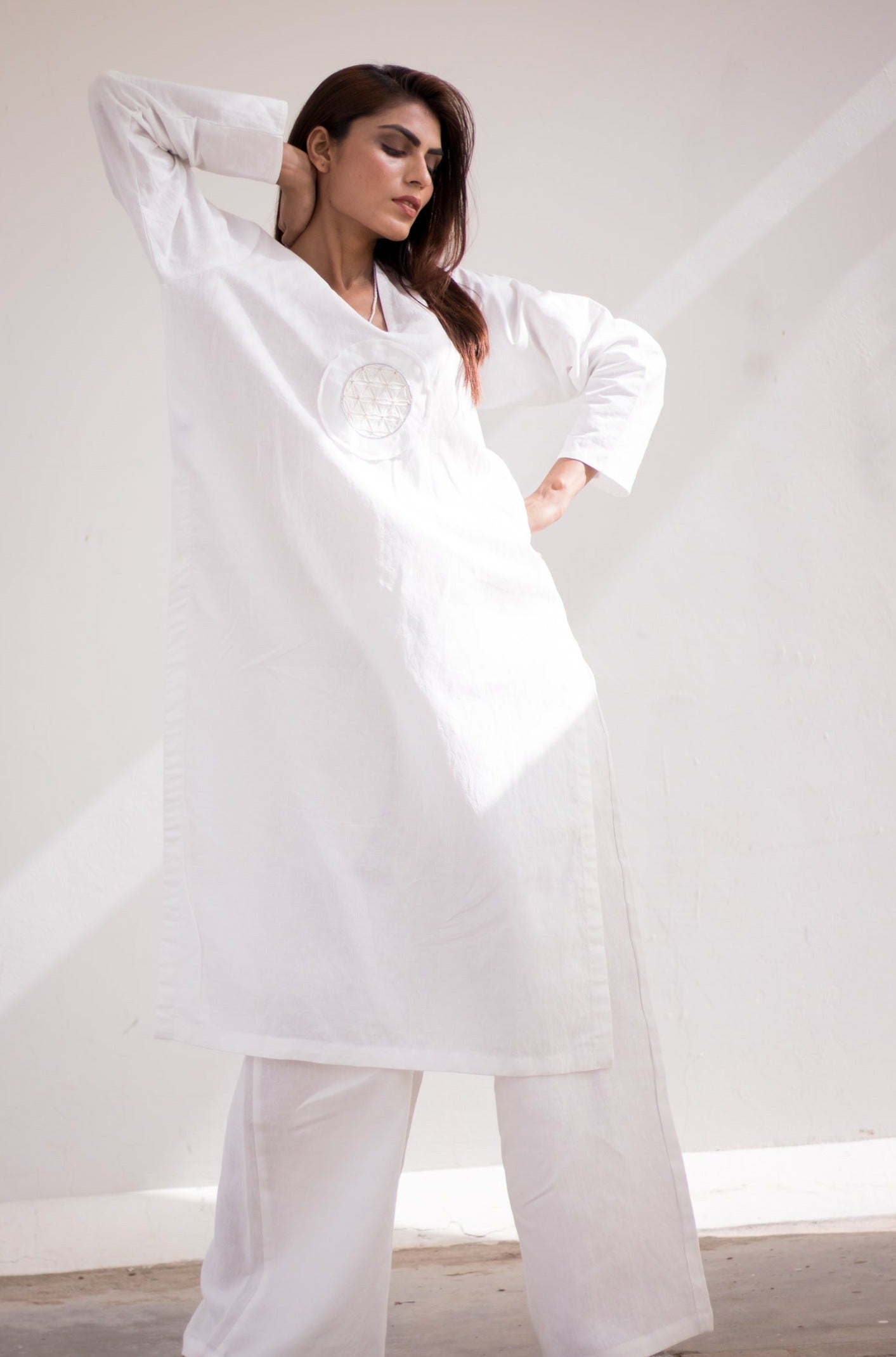Sacred geometry V-neck White Long Shirt