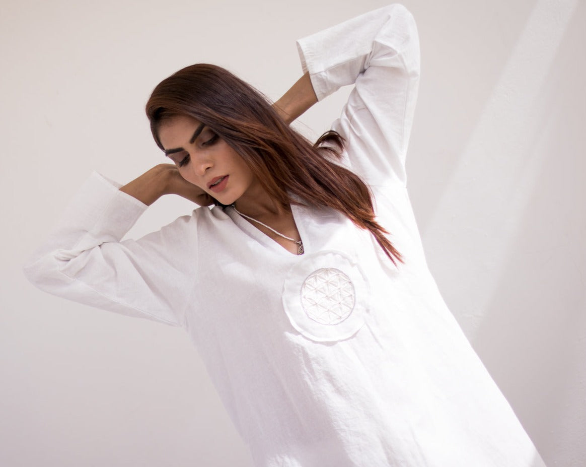 Sacred geometry V-neck White Long Shirt