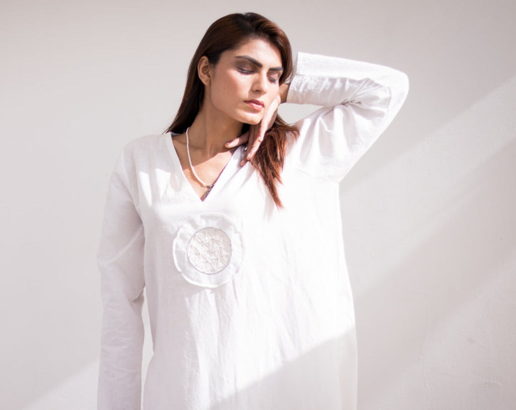 Sacred geometry V-neck White Long Shirt