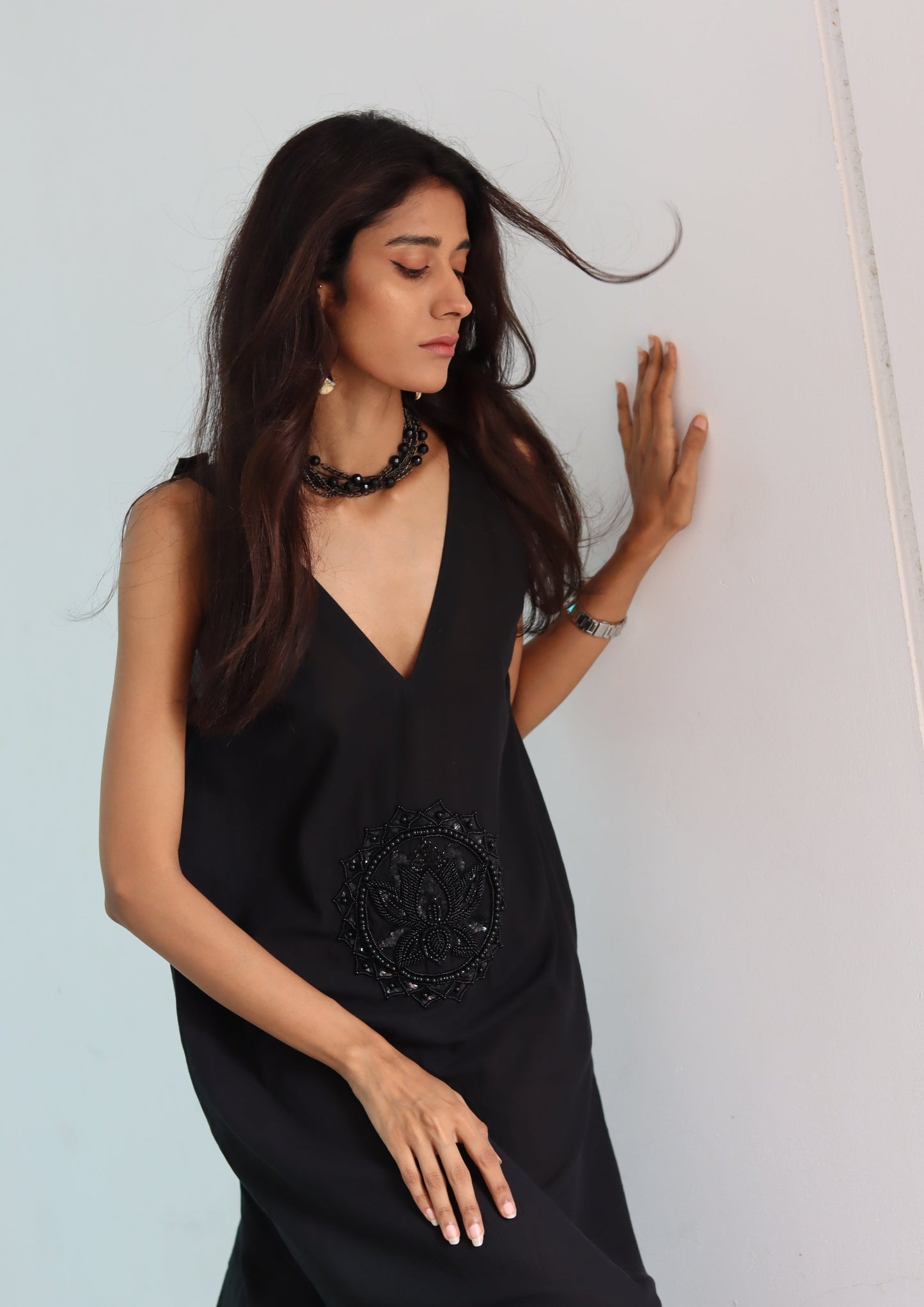 Lotus mandala strappy dress in black