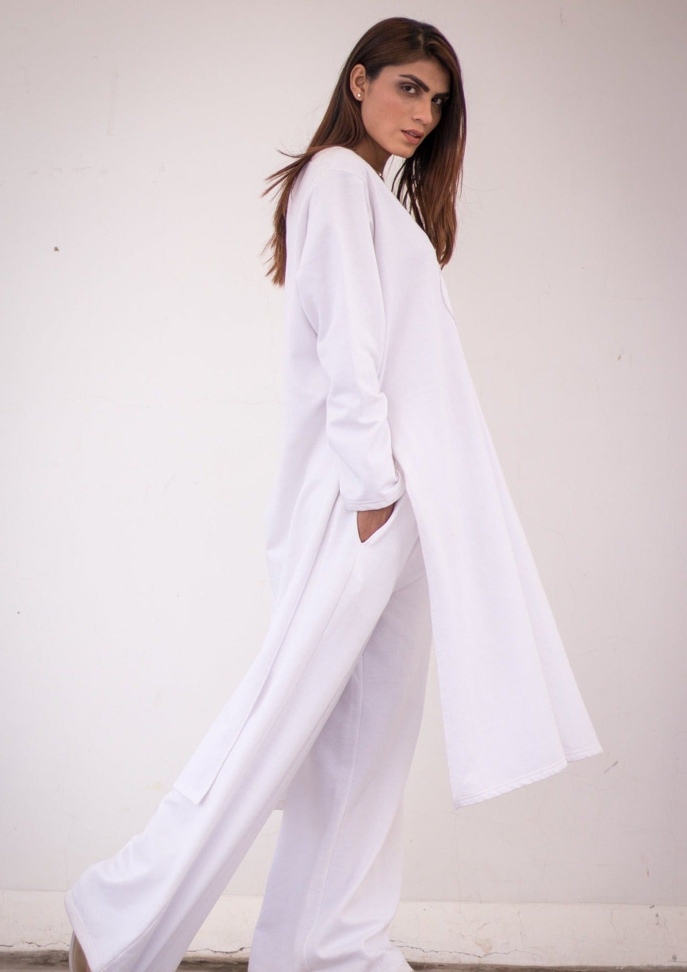 Luxury knits long shirt in white.